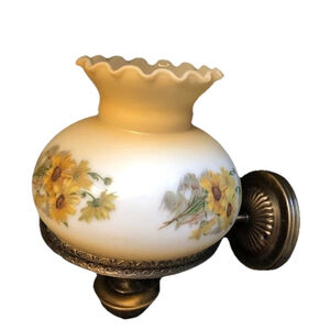 Vintage 70’s Metal Sconce Wall Lamp, Scalloped Edge Glass Frosted Flowers Shade